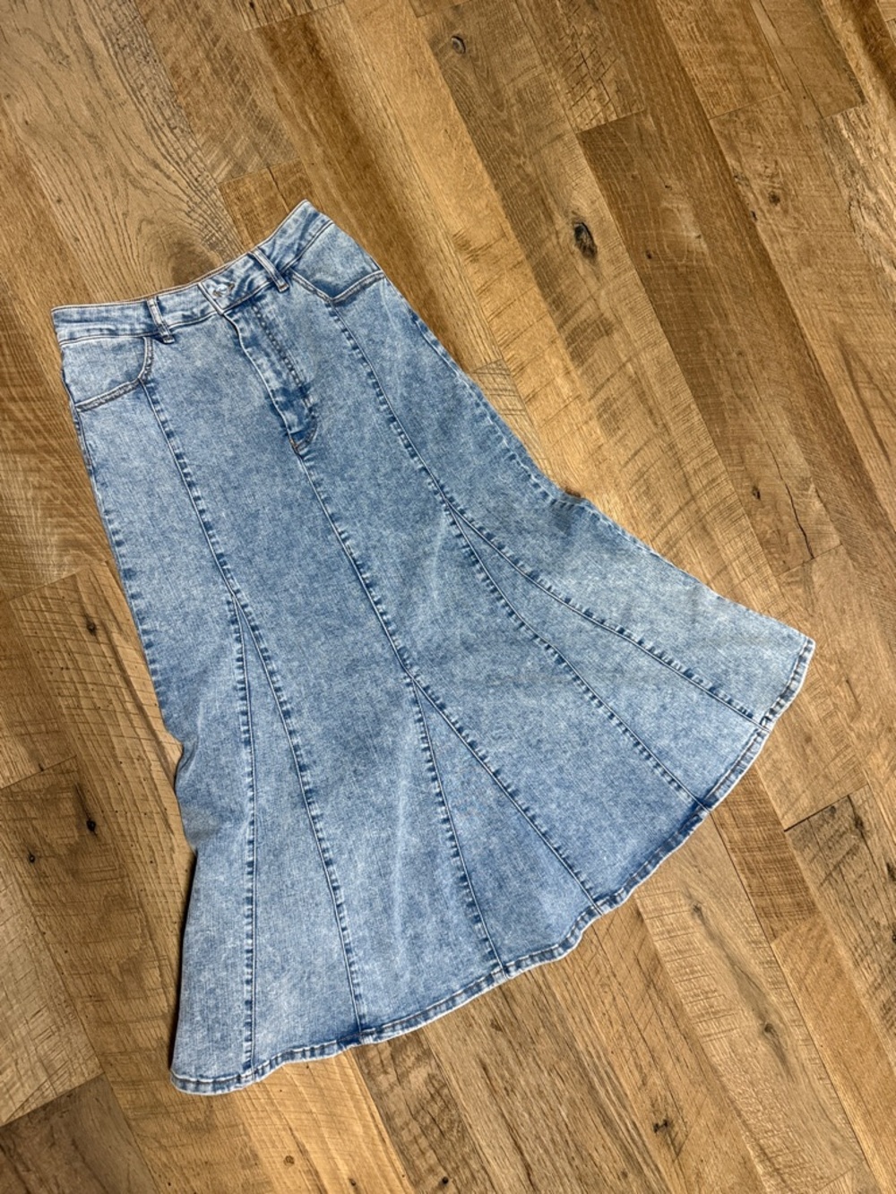 Maje Light Wash Denim Trumpet Flared Maxi Skirt - Picture 2 of 11